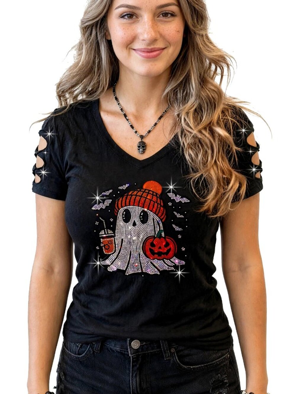 Y2K Rhinestone Baby Ghost & Pumpkin Short Sleeve Cutout Halloween Top